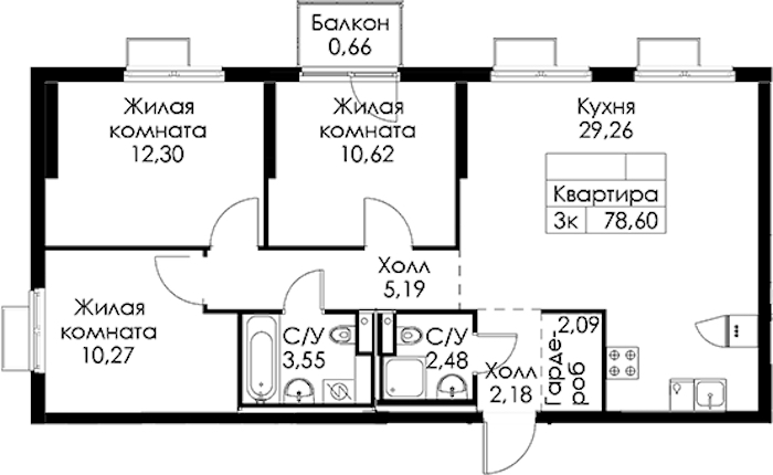 3-комнатная квартира 78.6 м², 24/24 эт., ЖК «Заречный парк»